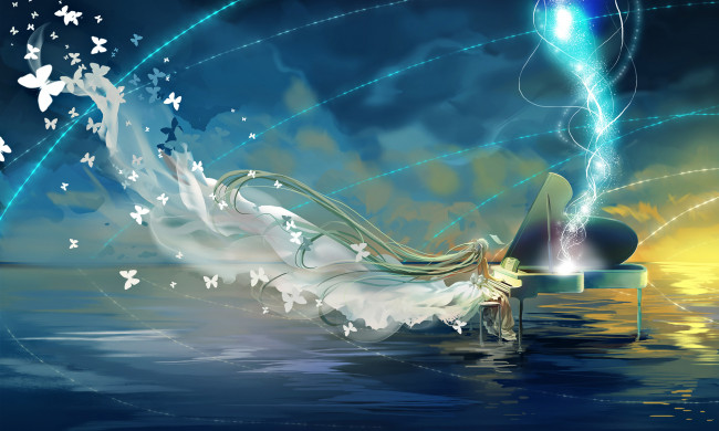 Обои картинки фото аниме, vocaloid, облака, небо, бабочки, вода, рояль, девушка, hatsune, miku, miemia, арт