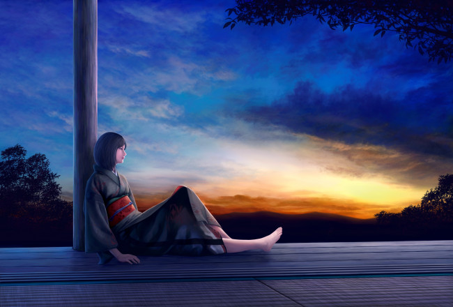 Обои картинки фото аниме, unknown,  другое, девушка, erhu, закат, арт, небо