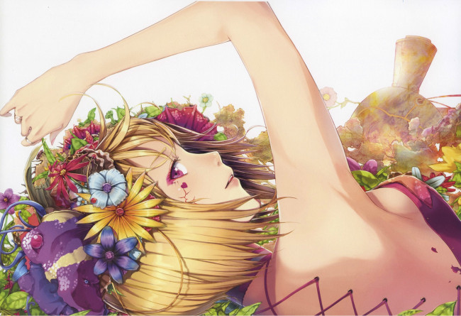 Обои картинки фото аниме, unknown,  другое, рука, шнуровка, цветы, венок, лежит, девушка, art, jname