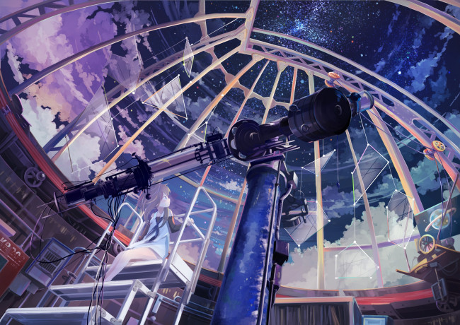Обои картинки фото аниме, unknown,  другое, remosse512, арт, девочка, ночь, телескоп, звёздное, небо