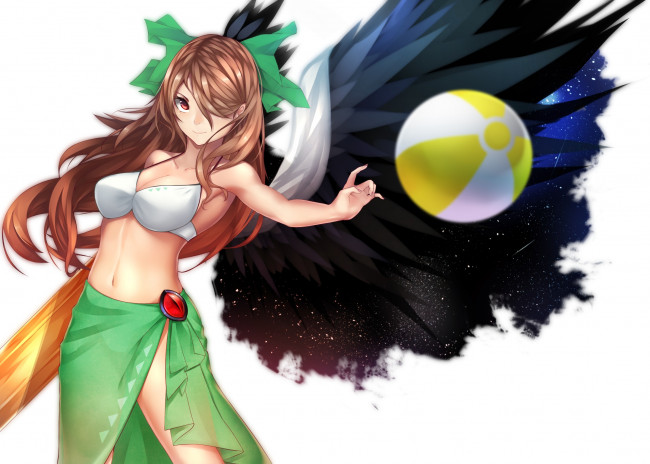 Обои картинки фото аниме, touhou, арт, мяч, девушка, крылья, ankh-ankh-05, reiuji, utsuho