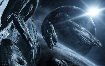 Картинка космос арт астероиды свет звезда планеты камни