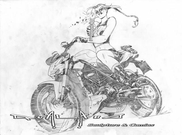 Обои картинки фото рисованное, комиксы, девушка, мотоцикл, пистолет, фон, взгляд