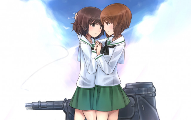 Обои картинки фото аниме, girls und panzer, фон, взгляд, девушки