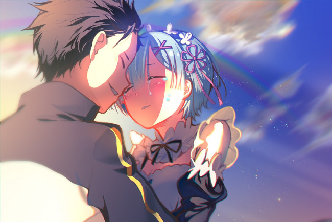 Обои картинки фото аниме, re,  zero kara hajimeru isekai seikatsu, парень, фон, взгляд, девушка