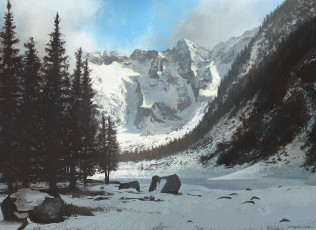 обоя рисованное, природа, горы, снег