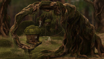 Картинка фэнтези пейзажи дым дерево корни трава лес