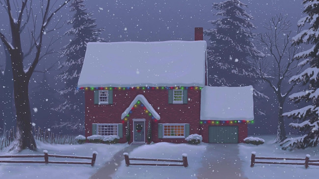 Обои картинки фото рисованное, города, деревья, снег, забор, зима, праздник, здание