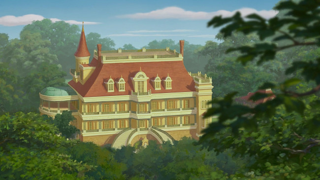 Обои картинки фото рисованное, города, дворец, деревья, растения, облака, здание
