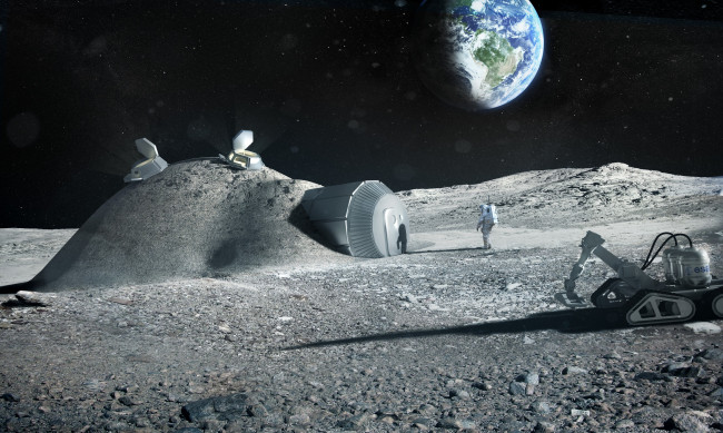 Обои картинки фото космос, луна, дом, космонавты, землянка, база, романтика, земля, проект, станция, esa, ека, наука, техника