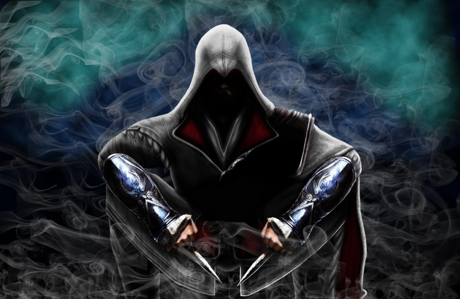 Обои картинки фото видео игры, assassin`s creed, мужчина, фон, капюшон