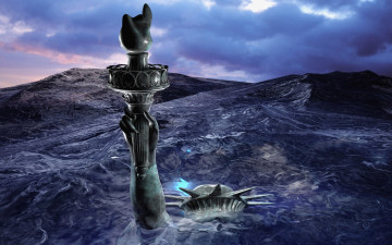 Картинка 3д+графика фантазия+ fantasy море статуя свободы рука факел