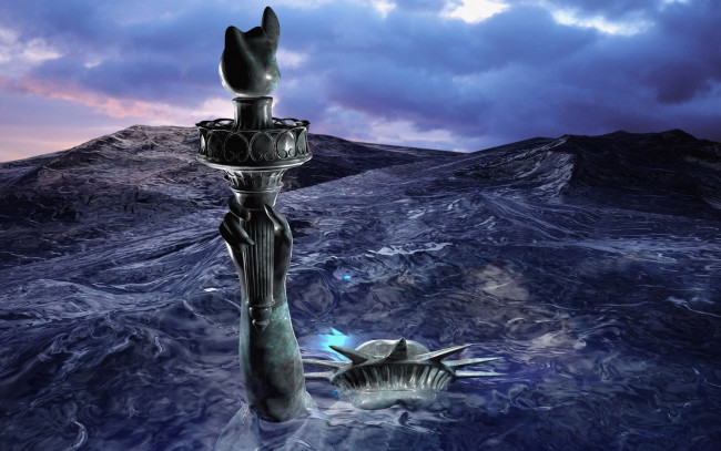 Обои картинки фото 3д графика, фантазия , fantasy, море, статуя, свободы, рука, факел