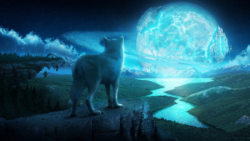 Картинка 3д графика animals животные луна волк горы ночь река