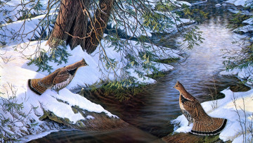 Картинка chance encounter рисованные sam timm птицы снег река