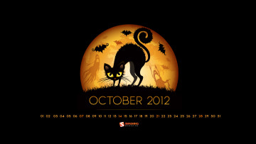 обоя календари, рисованные, векторная, графика, луна, кошка, привидения, летучиая, мышь