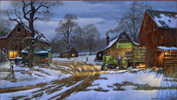 Картинка рисованные живопись зима снег трактор ферма собака дом фермер dave barnhouse