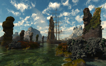 Картинка 3д графика fantasy фантазия парусник скалы море облака