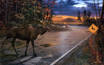 обоя deer, crossing, рисованные, ervin, molnar, осень, дорога, лось, олень