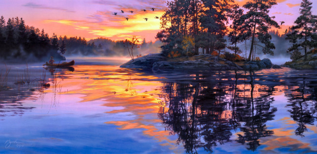 Обои картинки фото lure, of, the, wilderness, рисованные, darrell, bush, река, озеро, рассвет, туман, лодка