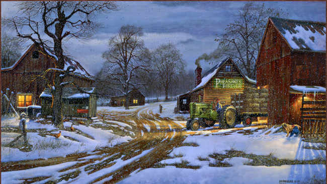 Обои картинки фото рисованные, живопись, зима, снег, трактор, ферма, собака, дом, фермер, dave, barnhouse