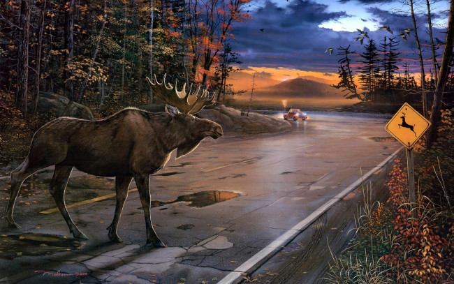 Обои картинки фото deer, crossing, рисованные, ervin, molnar, осень, дорога, лось, олень