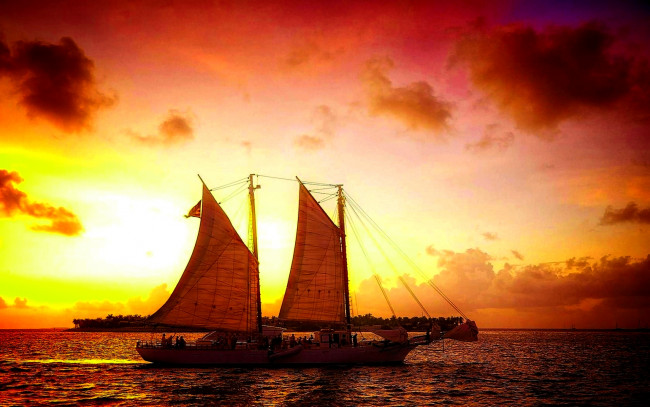 Обои картинки фото sunset, sailing, корабли, парусники, парусник, остров, закат, океан