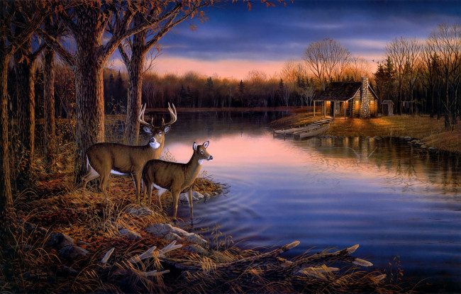 Обои картинки фото tranquil, evening, рисованные, sam, timm, осень, закат, олени, вечер