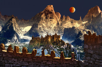 Картинка города -+дворцы +замки +крепости горы ущелье луна замок