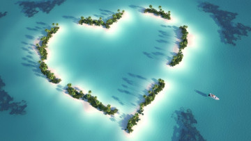 обоя 3д графика, природа , nature, остров, пальмы, лодка, океан, сердце