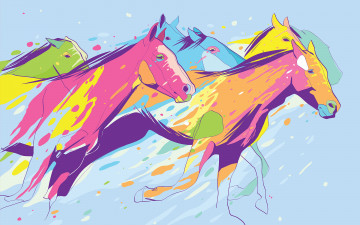 Картинка рисованное животные +лошади фон цвета лошади скачут