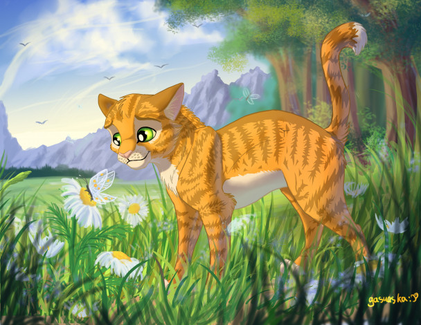 Обои картинки фото рисованное, животные,  коты, кот, цветы, горы, трава, лето