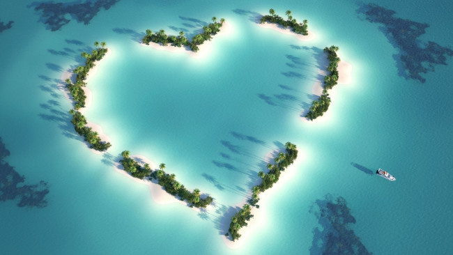 Обои картинки фото 3д графика, природа , nature, остров, пальмы, лодка, океан, сердце