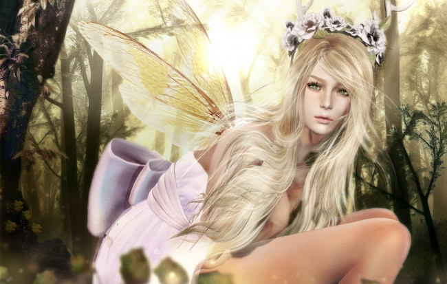 Обои картинки фото 3д графика, фантазия , fantasy, фея, крылья, девушка, венок