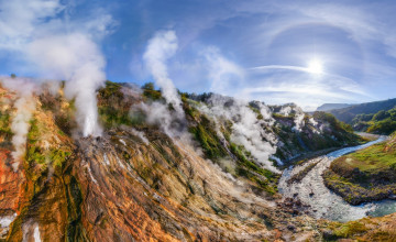 Картинка долина+гейзеров +камчатка природа горы гейзеры река пар скалы