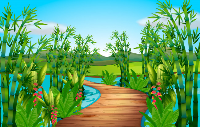 Обои картинки фото векторная графика, природа , nature, мост, зелень, река