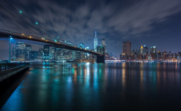 обоя brooklyn bridge & lower manhattan, города, нью-йорк , сша, огни, ночь, река, мост