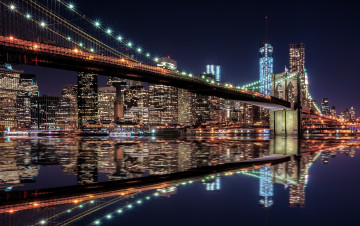 обоя brooklyn bridge & lower manhattan skyline,  new york, города, нью-йорк , сша, мост, ночь, огни, река