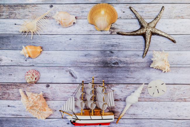 Обои картинки фото разное, ракушки,  кораллы,  декоративные и spa-камни, фон, кораблик, доски