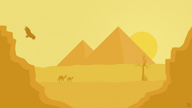Обои картинки фото векторная графика, природа , nature, верблюды, пустыня, пирамиды
