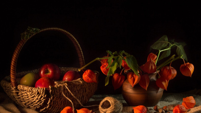 Обои картинки фото еда, фрукты,  ягоды, физалис, яблоки, корзинка