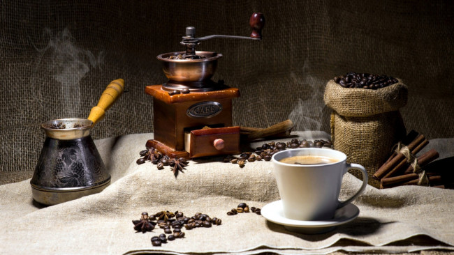 Обои картинки фото еда, кофе,  кофейные зёрна, джезва, зерна, кофемолка