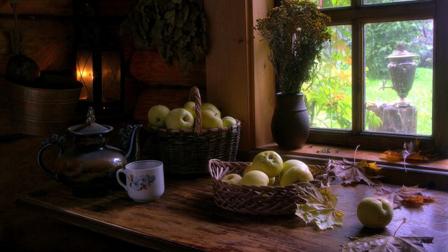 Обои картинки фото еда, яблоки, листья, фонарь, чайник