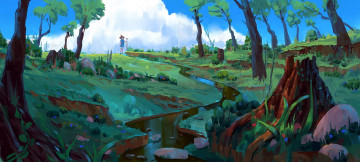 Картинка рисованное денис+истомин девочка ручей облака деревья пень