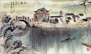 Картинка рисованное города город мост река лодки