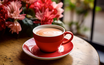 Картинка еда кофе +кофейные+зёрна цветы чашка блюдце