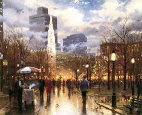 обоя рисованное, thomas kinkade, город, люди, деревья, фонари, осень