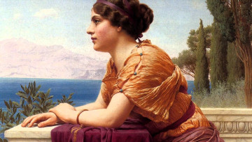 обоя рисованное, john william godward, женщина, балкон, море