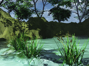 Картинка 3д графика nature landscape природа горы камыш деревья