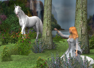 Картинка 3д графика fantasy фантазия деревья единорог девушка